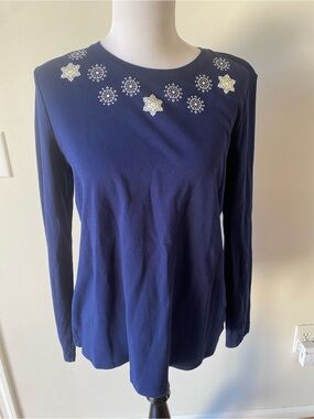 Kim Rogers Women's Long Sleeve Embellished Snowflake Graphic T-Shirt, Navy Blue